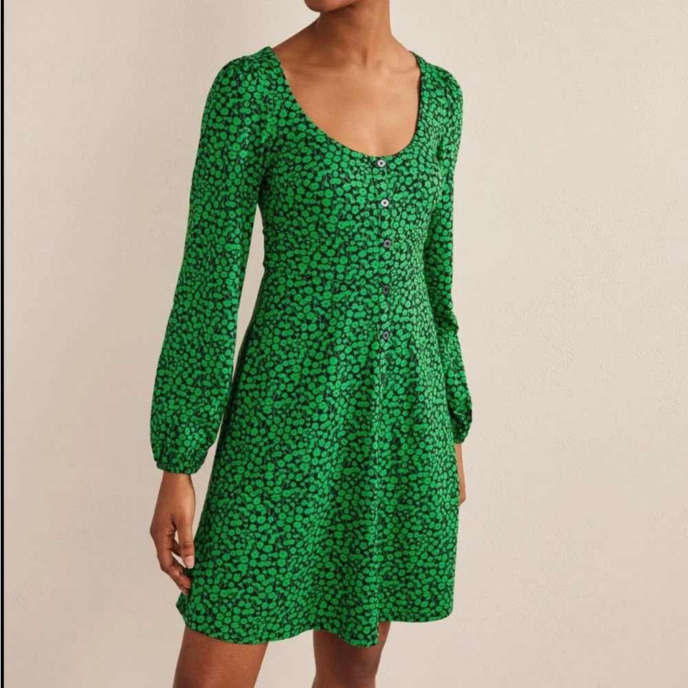 Boden Button Front Jersey Mini Dress in Green Bee, Tulip Sprig 10 Petite